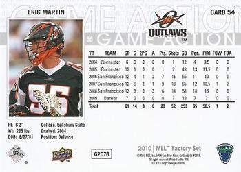 2010 Upper Deck Major League Lacrosse #54 Eric Martin Back